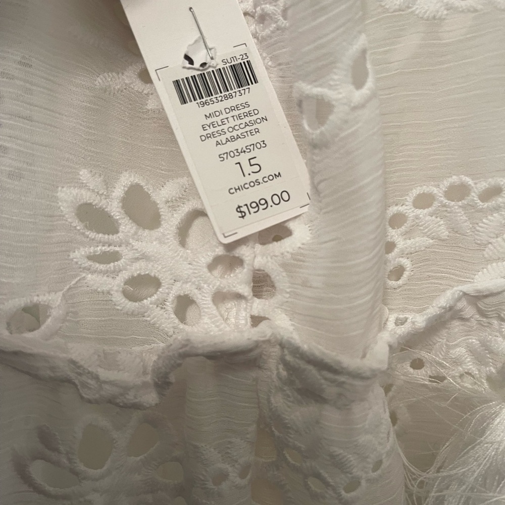 CHICO’s MIDI DRESS EYELET TIERED DRESS Alabaster WHITE Sz 1.5 - Picture 9 of 11